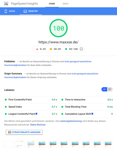 maxxse.de Ansicht der Performance-Test-Ergebnisse