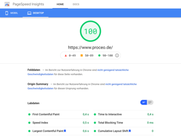 proceo.de Ansicht der Performance-Test-Ergebnisse für schnelle Ladezeiten
