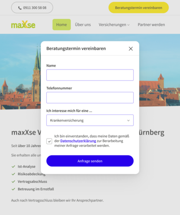 maxxse.de Ansicht der Call to actions mit Telefonnummer und Rückruf-Formular